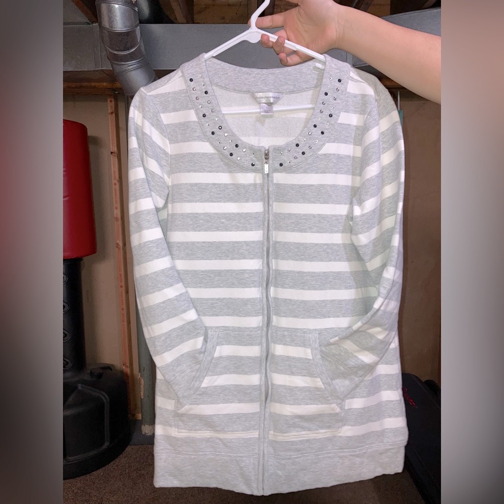 Gray and White Sweater w black and white rhinestones.